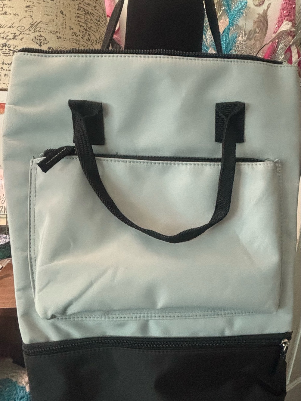 Light Blue and Black Tote Bag with Front Pocket